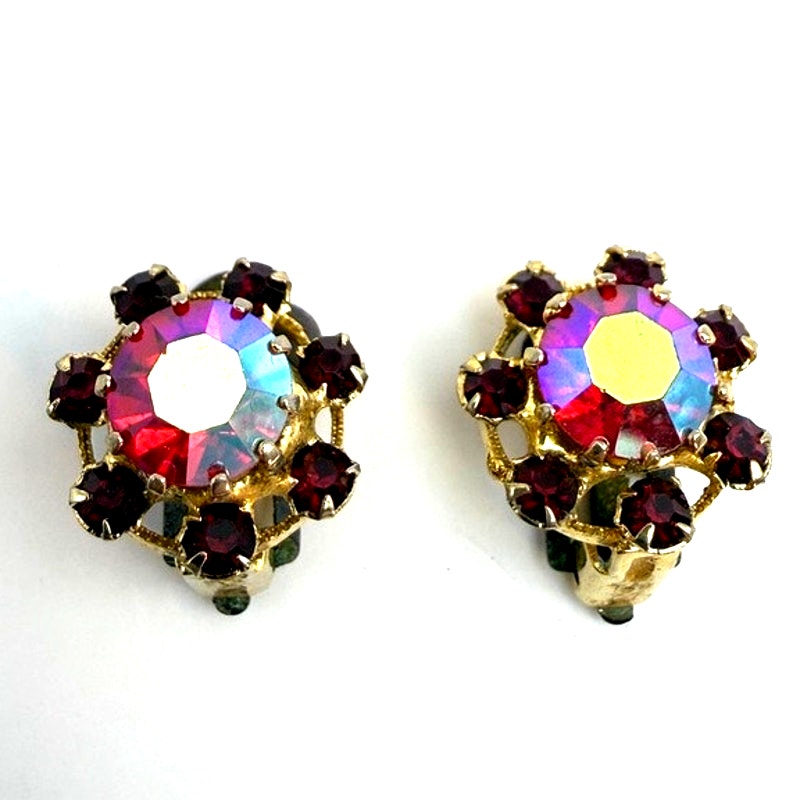Vtg Austrian Rhinestone Clip Earrings Prong Set Ab Crystal Floral Signed 1/4